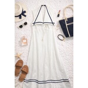 Women’s White Maxi Dress with Navy Trim - Sleeveless Halter